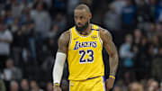 Los Angeles Lakers forward LeBron James looks on against the Minnesota Timberwolves.