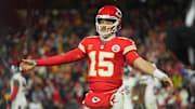 Jan 18, 2025; Kansas City, Missouri, USA; Kansas City Chiefs quarterback Patrick Mahomes (15) reacts during the fourth quarter of a 2025 AFC divisional round game against the Houston Texans at GEHA Field at Arrowhead Stadium. Mandatory Credit: Jay Biggerstaff-Imagn Images