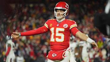 Jan 18, 2025; Kansas City, Missouri, USA; Kansas City Chiefs quarterback Patrick Mahomes (15) reacts during the fourth quarter of a 2025 AFC divisional round game against the Houston Texans at GEHA Field at Arrowhead Stadium. Mandatory Credit: Jay Biggerstaff-Imagn Images