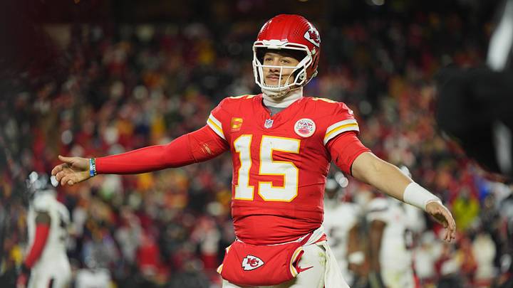 Jan 18, 2025; Kansas City, Missouri, USA; Kansas City Chiefs quarterback Patrick Mahomes (15) reacts during the fourth quarter of a 2025 AFC divisional round game against the Houston Texans at GEHA Field at Arrowhead Stadium. Mandatory Credit: Jay Biggerstaff-Imagn Images