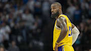 Los Angeles Lakers forward LeBron James looks on against the Minnesota Timberwolves.