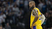 Los Angeles Lakers forward LeBron James looks on against the Minnesota Timberwolves.