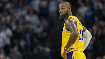 Los Angeles Lakers forward LeBron James looks on against the Minnesota Timberwolves.
