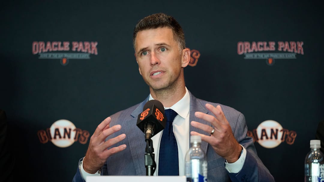 Oct 1, 2024; San Francisco, CA, USA; San Francisco Giants president of baseball operations Buster Posey addresses the media during an introductory press conference at Oracle Park.  Mandatory Credit: Robert Edwards-Imagn Images