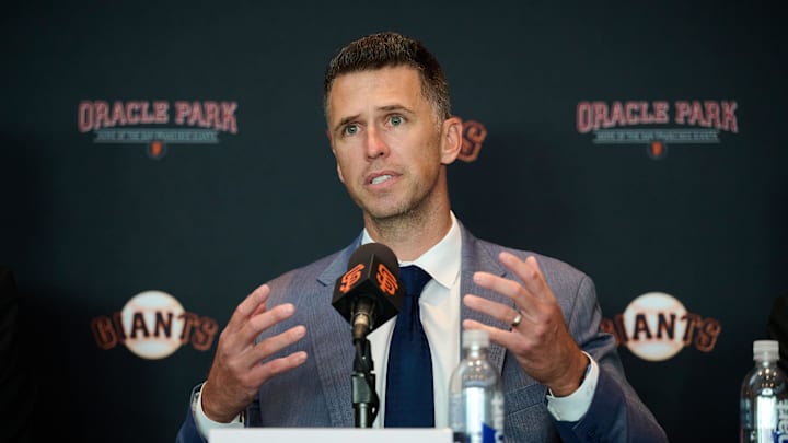 Oct 1, 2024; San Francisco, CA, USA; San Francisco Giants president of baseball operations Buster Posey addresses the media during an introductory press conference at Oracle Park.  Mandatory Credit: Robert Edwards-Imagn Images