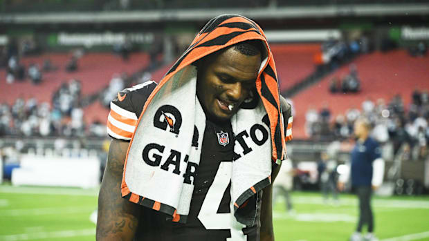 Cleveland Browns quarterback Deshaun Watson walks off the field after the game against the Dallas Cowboys