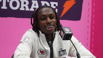 Feb 3, 2025; New Orleans, LA, USA; Kansas City Chiefs wide receiver Xavier Worthy (1) during Super Bowl LIX Opening Night at Ceasars Superdome. Mandatory Credit: Kirby Lee-Imagn Images
