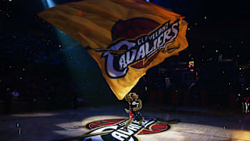 Nov 8, 2025; Cleveland, Ohio, USA; Moondog riles up the crowd and waves a flag before the game between the Cleveland Cavaliers and the Chicago Bulls during the first quarter at Rocket Arena. Mandatory Credit: Ken Blaze-Imagn Images