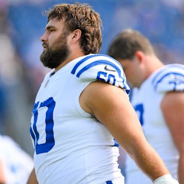 Oct 13, 2024; Nashville, Tennessee, USA;  Indianapolis Colts guard Tanor Bortolini (60) stretches during pregame warmups against the Tennessee Titans at Nissan Stadium. Mandatory Credit: Steve Roberts-Imagn Images