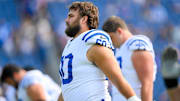 Oct 13, 2024; Nashville, Tennessee, USA;  Indianapolis Colts guard Tanor Bortolini (60) stretches during pregame warmups against the Tennessee Titans at Nissan Stadium. Mandatory Credit: Steve Roberts-Imagn Images