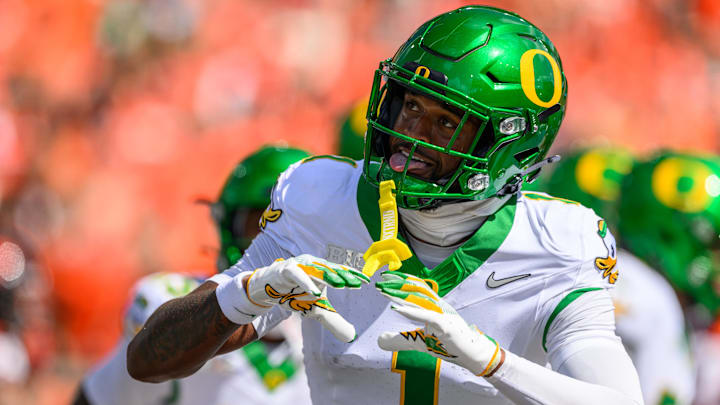 Sep 14, 2024; Corvallis, Oregon, USA; Oregon Ducks wide receiver Traeshon Holden (1) celebrates a touchdown reception during the second quarter against the Oregon State Beavers at Reser Stadium. Mandatory Credit: Craig Strobeck-Imagn Images Sep 14, 2024; Corvallis, Oregon, USA; Oregon Ducks wide receiver Traeshon Holden (1) celebrates a touchdown reception during the second quarter against the Oregon State Beavers at Reser Stadium. Mandatory Credit: Craig Strobeck-Imagn Images