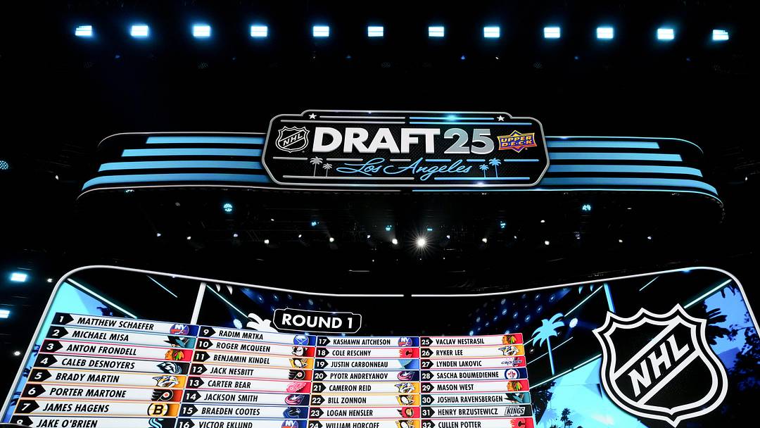 Jun 27, 2025; Los Angeles, California, USA; The draft board is seen following the first round of the 2025 NHL Draft at Peacock Theater. Mandatory Credit: Kirby Lee-Imagn Images