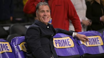 Nov 21, 2024; Los Angeles, California, USA;  Los Angeles Lakers general manager Rob Pelinka looks on as players warm up prior to the game against the Orlando Magic at Crypto.com Arena. Mandatory Credit: Jayne Kamin-Oncea-Imagn Images