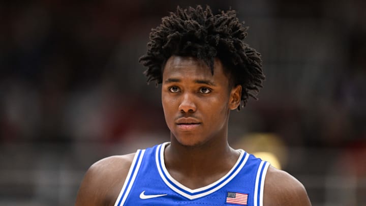 Jan 17, 2026; Stanford, California, USA; Duke Blue Devils center Patrick Ngongba II (21) looks on against the Stanford Cardinal in the second half at Maples Pavilion. 