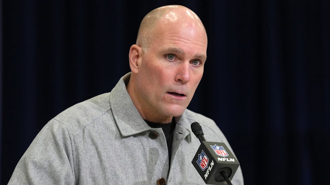 Feb 24, 2026; Indianapolis, IN, USA; Baltimore Ravens general manager Eric DeCosta speaks at the NFL Scouting Combine at the Indiana Convention Center. Mandatory Credit: Kirby Lee-Imagn Images