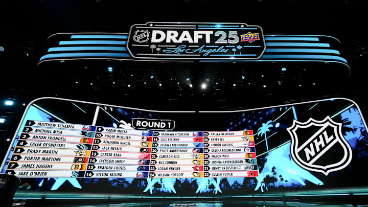 Jun 27, 2025; Los Angeles, California, USA; The draft board is seen following the first round of the 2025 NHL Draft at Peacock Theater. 