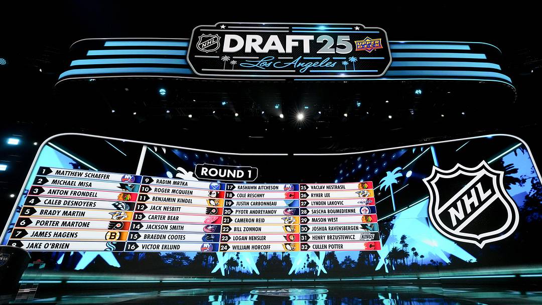 Jun 27, 2025; Los Angeles, California, USA; The draft board is seen following the first round of the 2025 NHL Draft at Peacock Theater. Mandatory Credit: Kirby Lee-Imagn Images