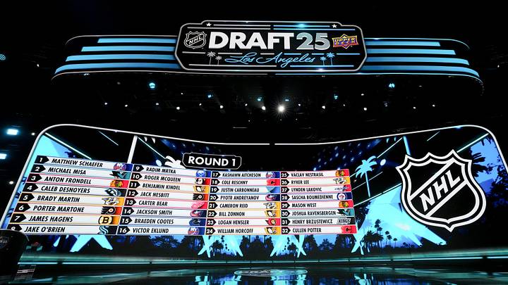 Jun 27, 2025; Los Angeles, California, USA; The draft board is seen following the first round of the 2025 NHL Draft at Peacock Theatre. Mandatory Credit: Kirby Lee-Imagn Images