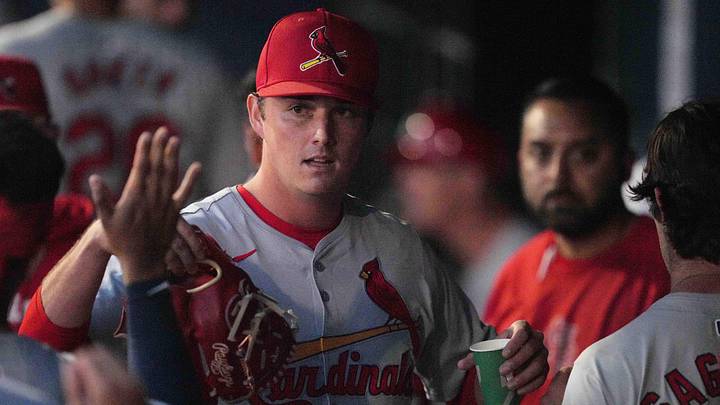 Mar 8, 2024; West Palm Beach, Florida, USA; St. Louis Cardinals pitcher Brycen Mautz (80) is congratulated by teammates after getting a strikeout in the first inning against the Washington Nationals at CACTI Park of the Palm Beaches. Mandatory Credit: Jim Rassol-Imagn Images
