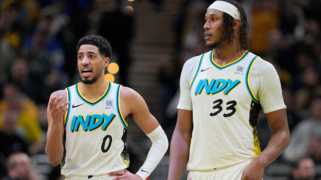 Indiana Pacers guard Tyrese Haliburton (0) and center Myles Turner (33)