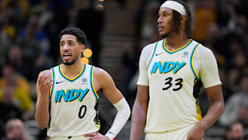 Indiana Pacers guard Tyrese Haliburton (0) and center Myles Turner (33)