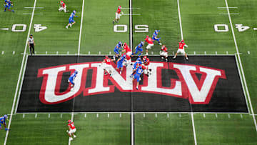 \the UNLV logo at midfield against the Boise State Broncos in the first half during the Mountain West Championship at Allegiant Stadium. 