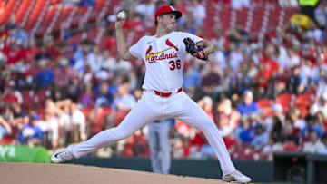 Jun 24, 2025; St. Louis, Missouri, USA;  St. Louis Cardinals starting pitcher Michael McGreevy (36) pitches against the Chicago Cubs during the first inning at Busch Stadium. Mandatory Credit: Jeff Curry-Imagn Images