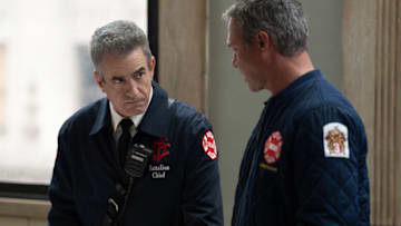CHICAGO FIRE -- "Broken Things" Episode 1406 -- Pictured: (l-r) Dermot Mulroney as Dom Pascal, Taylor Kinny as Kelly Severide