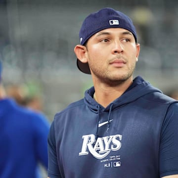 Jul 23, 2024; Toronto, Ontario, CAN; Tampa Bay Rays catcher Alex Jackson (28) walks towards the dugout during batting practice before a game against the Toronto Blue Jays at Rogers Centre.