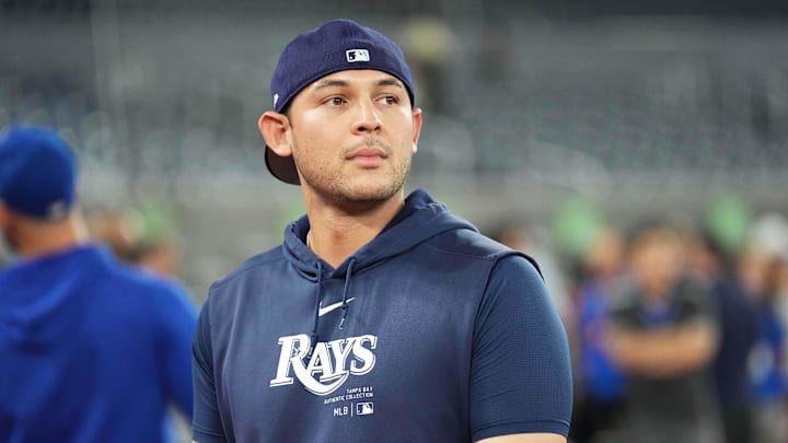 Jul 23, 2024; Toronto, Ontario, CAN; Tampa Bay Rays catcher Alex Jackson (28) walks towards the dugout during batting practice before a game against the Toronto Blue Jays at Rogers Centre.