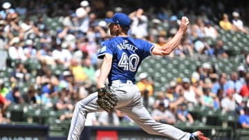 Jun 12, 2024; Milwaukee, Wisconsin, USA; Toronto Blue Jays pitcher Chris Bassitt (40) delivers a pitch against the Milwaukee Brewers in the fourth inning at American Family Field. Mandatory Credit: Michael McLoone-USA TODAY Sports