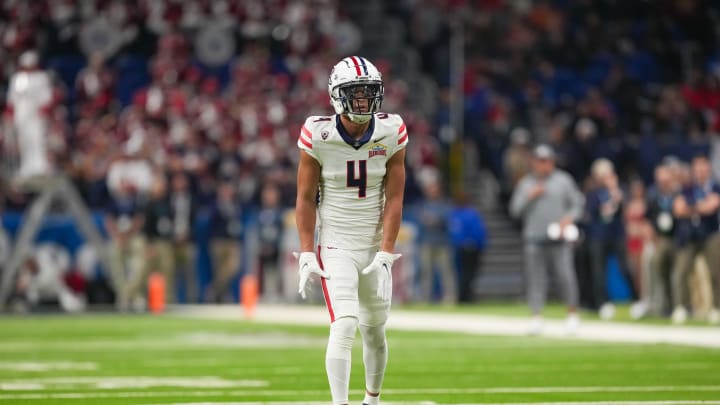 Dec 28, 2023; San Antonio, TX, USA;  Arizona Wildcats wide receiver Tetairoa McMillan (4) gets ready for a play in the first half against the Oklahoma Sooners at Alamodome. Mandatory Credit: Daniel Dunn-USA TODAY Sports