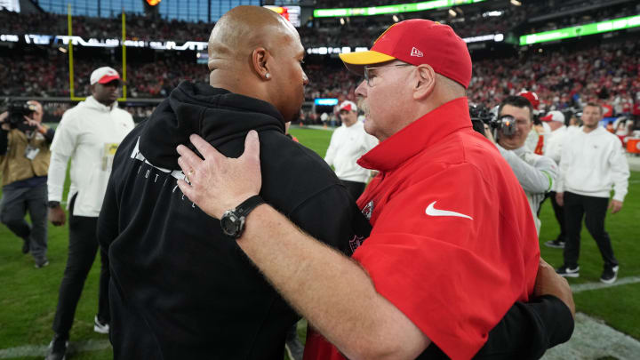 Nov 26, 2023; Paradise, Nevada, USA; Las Vegas Raiders interim coach Antonio Pierce (left) shakes hands with Kansas City Chiefs coach Andy Reid after the game at Allegiant Stadium. Mandatory Credit: Kirby Lee-USA TODAY Sports