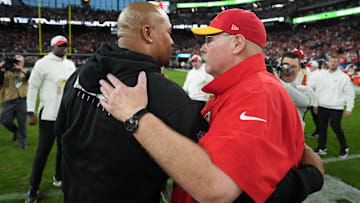 Former Las Vegas Raiders interim coach Antonio Pierce (left) shakes hands with Kansas City Chiefs coach Andy Reid after the game at Allegiant Stadium.