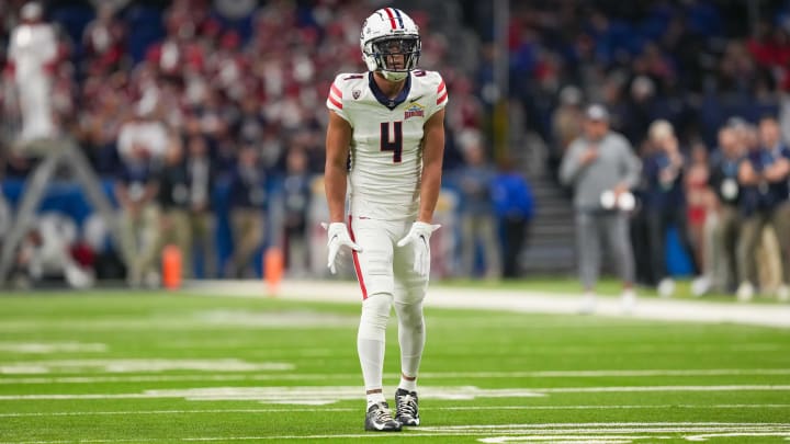 Dec 28, 2023; San Antonio, TX, USA;  Arizona Wildcats wide receiver Tetairoa McMillan (4) gets ready for a play in the first half against the Oklahoma Sooners at Alamodome.