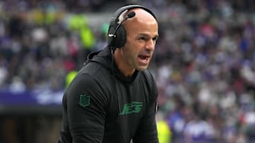 Oct 6, 2024; London, United Kingdom; New York Jets coach Robert Saleh reacts against the Minnesota Vikings in the first half at Tottenham Hotspur Stadium. Mandatory Credit: Kirby Lee-Imagn Images