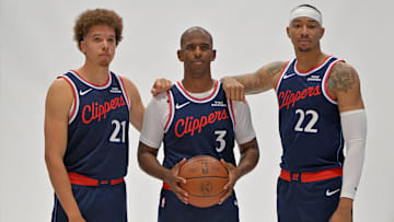 Sep 29, 2025; Inglewood, CA, USA;  Los Angeles Clippers guard Jason Preston (21), guard Chris Paul (3) and forward Jordan Miller (22) pose during media day at Intuit Dome. Mandatory Credit: Jayne Kamin-Oncea-Imagn Images