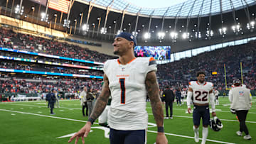 Oct 12, 2025; Tottenham, United Kingdom; Denver Broncos tight end Evan Engram (1) leaves the field after an NFL International Series game against the New York Jets at Tottenham Hotspur Stadium.