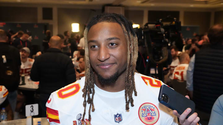 Feb 5, 2025; New Orleans, LA, USA; Kansas City Chiefs safety Justin Reid (20) in a press conference ahead of Super Bowl LIX at New Orleans Marriott. Mandatory Credit: Kirby Lee-Imagn Images