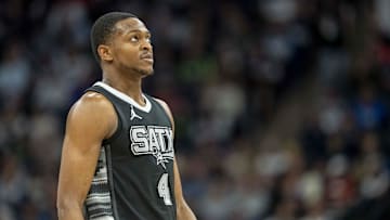 Mar 9, 2025; Minneapolis, Minnesota, USA; San Antonio Spurs guard De'Aaron Fox (4) looks on against the Minnesota Timberwolves in the second half at Target Center. Mandatory Credit: Jesse Johnson-Imagn Images
