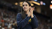 Jul 1, 2025; Minneapolis, Minnesota, USA; Indiana Fever guard Caitlin Clark (22) looks on against the Minnesota Lynx in the second half during the Commissioner's Cup final at Target Center. Mandatory Credit: Jesse Johnson-Imagn Images