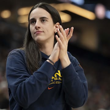 Jul 1, 2025; Minneapolis, Minnesota, USA; Indiana Fever guard Caitlin Clark (22) looks on against the Minnesota Lynx in the second half during the Commissioner's Cup final at Target Center. Mandatory Credit: Jesse Johnson-Imagn Images