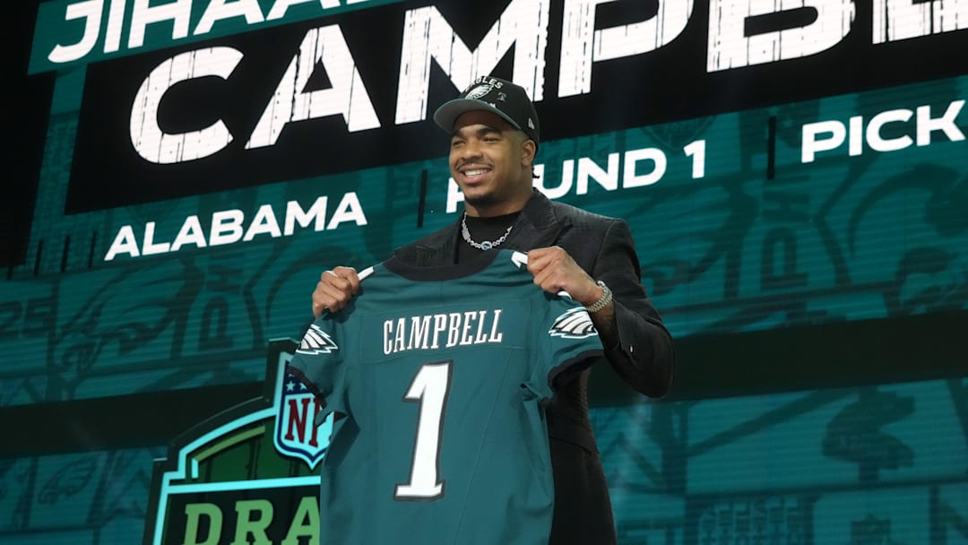 Apr 24, 2025; Green Bay, WI, USA; Alabama Crimson Tide linebacker Jihaad Campbell is selected by the Philadelphia Eagles as the number 31 pick in the first round of the 2025 NFL Draft at Lambeau Field. Mandatory Credit: Kirby Lee-Imagn Images