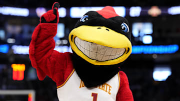 Mar 21, 2025; Milwaukee, WI, USA; The mascot for the Iowa State Cyclones during the first half of a first-round NCAA men’s tournament game against the Lipscomb Bisons at Fiserv Forum. Mandatory Credit: Jeff Hanisch-Imagn Images