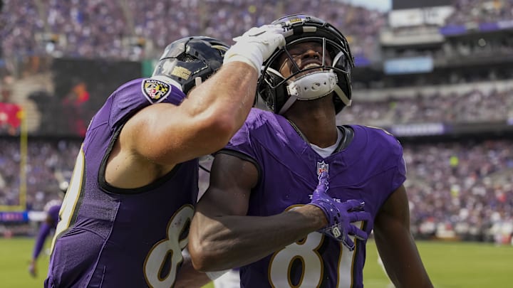 Sep 14, 2025; Baltimore, Maryland, USA; Baltimore Ravens wide receiver Devontez Walker (81) scores a touch down during the third quarter at M&T Bank Stadium. Mandatory Credit: Mitch Stringer-Imagn Images Sep 14, 2025; Baltimore, Maryland, USA; Baltimore Ravens wide receiver Devontez Walker (81) scores a touch down during the third quarter at M&T Bank Stadium. Mandatory Credit: Mitch Stringer-Imagn Images