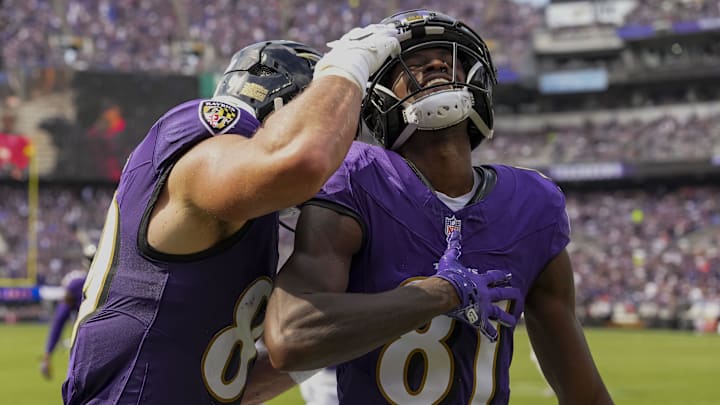Sep 14, 2025; Baltimore, Maryland, USA; Baltimore Ravens wide receiver Devontez Walker (81) scores a touch down during the third quarter at M&T Bank Stadium. Mandatory Credit: Mitch Stringer-Imagn Images Sep 14, 2025; Baltimore, Maryland, USA; Baltimore Ravens wide receiver Devontez Walker (81) scores a touch down during the third quarter at M&T Bank Stadium. Mandatory Credit: Mitch Stringer-Imagn Images