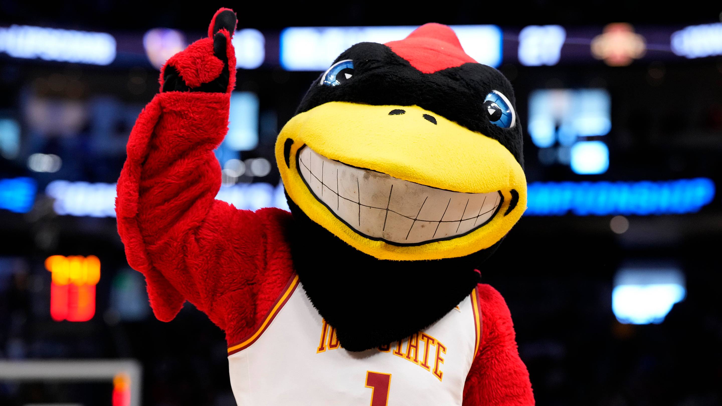 Mar 21, 2025; Milwaukee, WI, USA; The mascot for the Iowa State Cyclones during the first half of a first round NCAA men’s tournament game against the Lipscomb Bisons at Fiserv Forum. Mandatory Credit: Jeff Hanisch-Imagn Images | IMAGN IMAGES via Reuters Connect