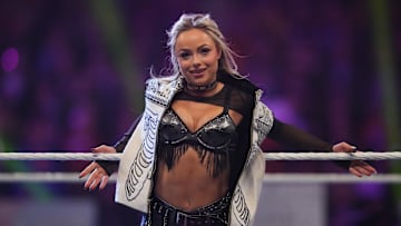 Feb 1, 2025; Indianapolis, IN, USA; Liv Morgan during the Women’s Royal Rumble during the WWE Royal Rumble at Lucas Oil Stadium. Mandatory Credit: Joe Camporeale-Imagn Images