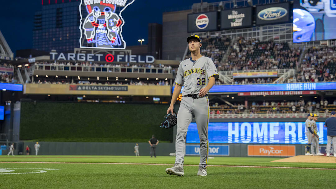 Jun 20, 2025; Minneapolis, Minnesota, USA; Milwaukee Brewers starting pitcher Jacob Misiorowski (32) walks off the field after getting pulled during the seventh inning against the Minnesota Twins at Target Field. Mandatory Credit: Jesse Johnson-Imagn Images
