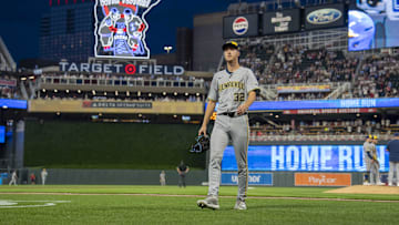 Jun 20, 2025; Minneapolis, Minnesota, USA; Milwaukee Brewers starting pitcher Jacob Misiorowski (32) walks off the field after getting pulled during the seventh inning against the Minnesota Twins at Target Field. Mandatory Credit: Jesse Johnson-Imagn Images